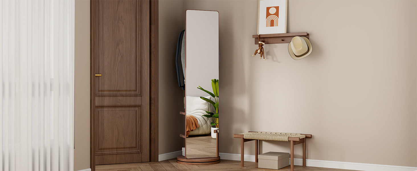 Start2Finish rotating full-length mirror with coat rack, rubber wood frame, natural wood finish, and 360° rotation for bedroom or entryway