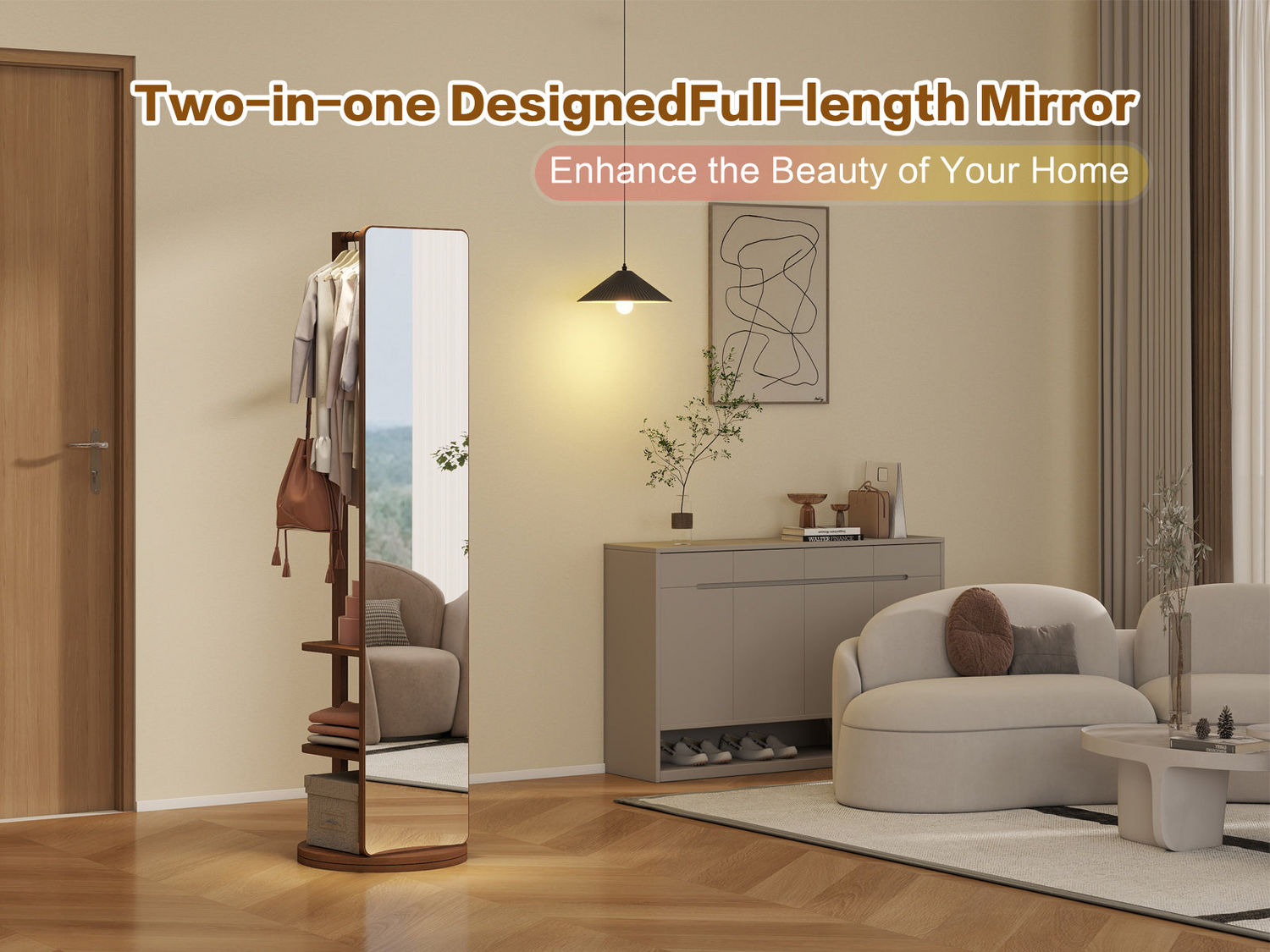 Start2Finish rotating full-length mirror with coat rack, rubber wood frame, and natural wood finish, 360° rotation for bedroom or entryway.