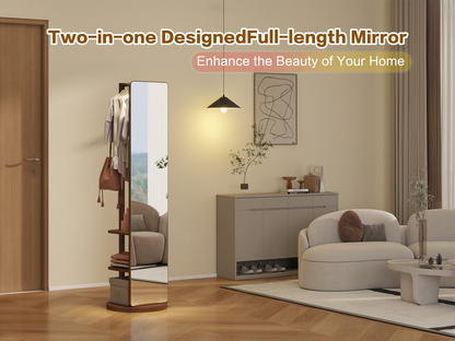 Start2Finish rotating full-length mirror with coat rack, rubber wood frame, and natural wood finish, 360° rotation for bedroom or entryway.