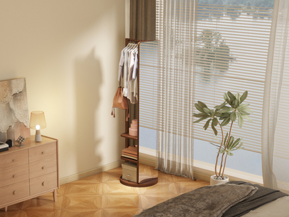 Start2Finish full-length rotating mirror with coat rack, natural rubber wood, 360° rotation, ideal for bedroom, entryway, or dressing area