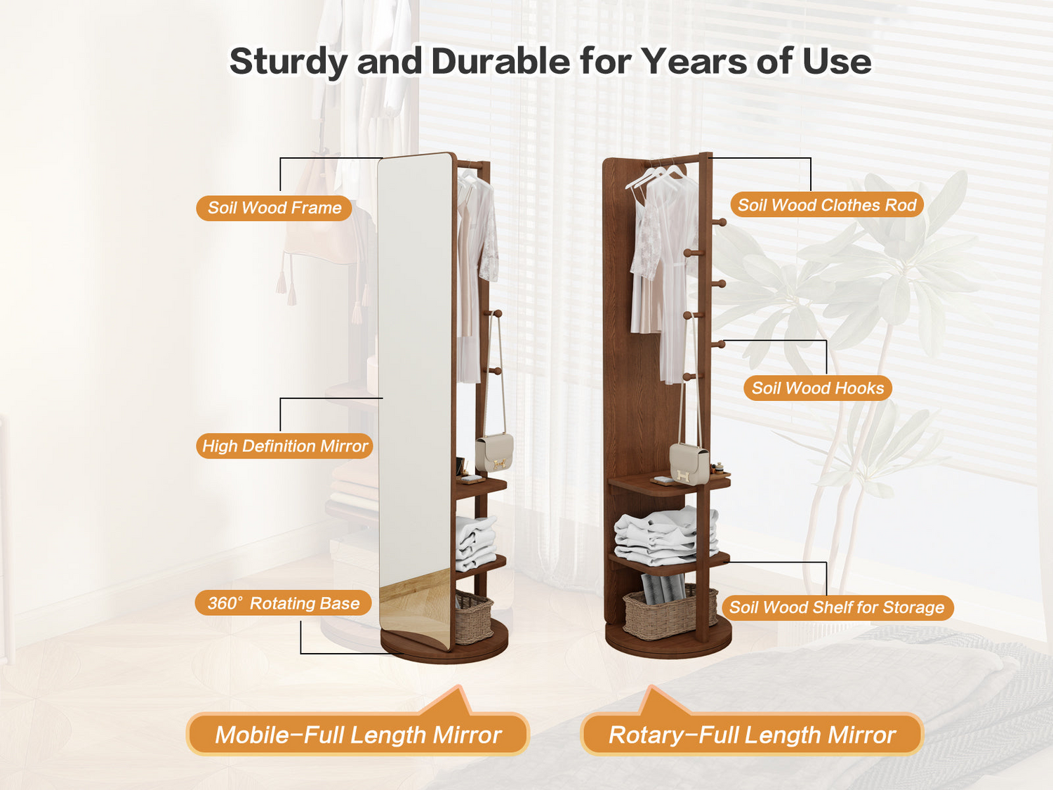 Start2Finish rotating full-length mirror with coat rack, rubber wood frame, natural finish, and 360° rotation for bedroom or entryway.