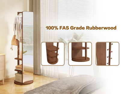 Start2Finish rotating full-length rubber wood mirror with coat rack, 360° rotation, natural wood finish for bedroom or entryway.