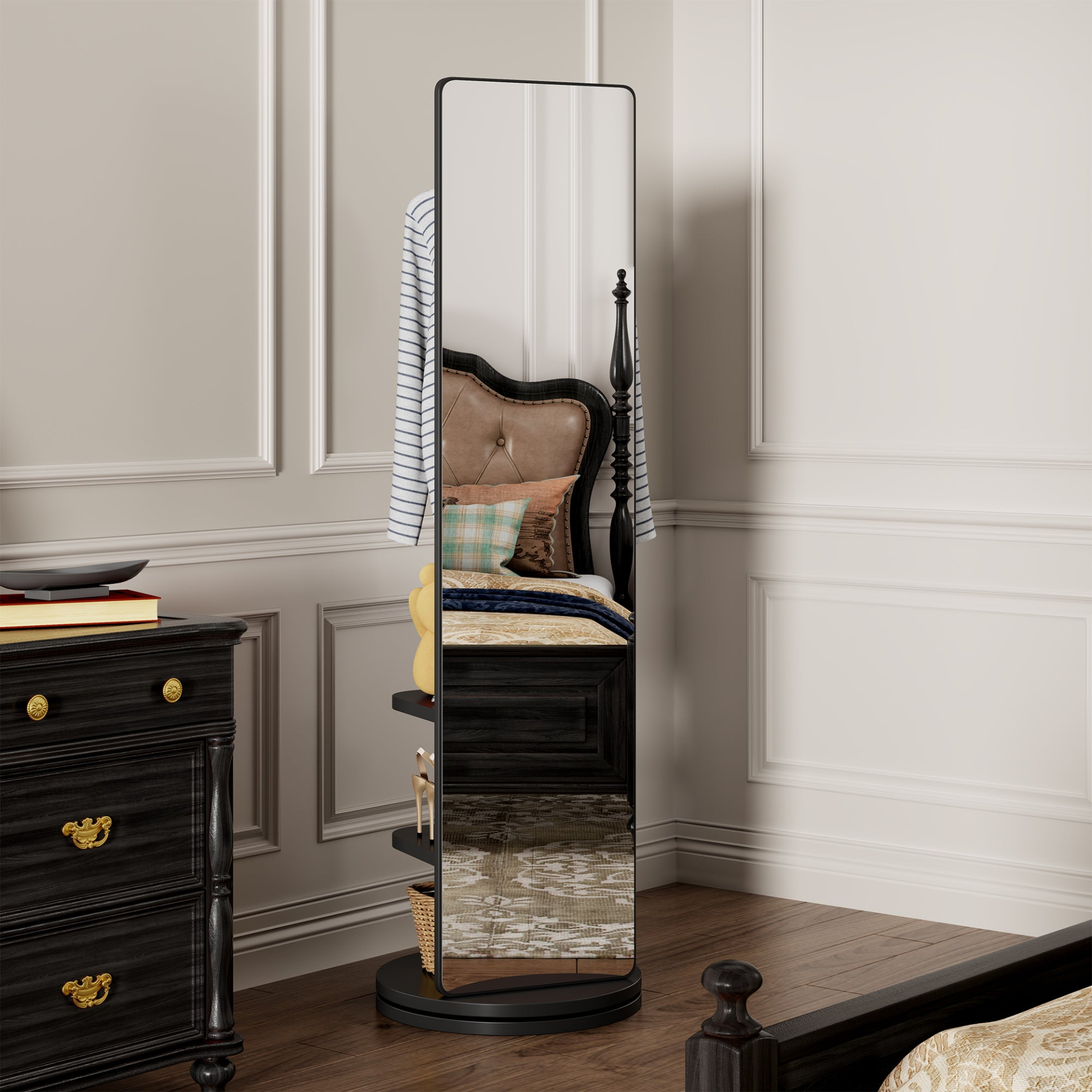 Start2Finish rotating full-length mirror with coat rack, rubber wood frame, and storage, designed for bedrooms and entryways.
