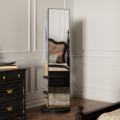 Start2Finish rotating full-length mirror with coat rack, rubber wood frame, and storage, designed for bedrooms and entryways.