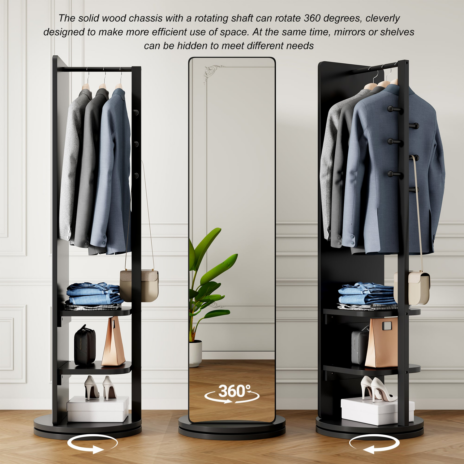 Full-length rotating mirror with coat rack, natural rubber wood frame, and storage, designed for bedrooms and entryways.