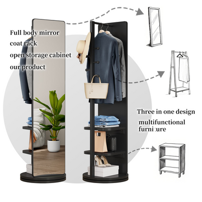 Start2Finish rotating full-length mirror with coat rack, natural rubber wood storage, and 360° rotation for bedroom or entryway.