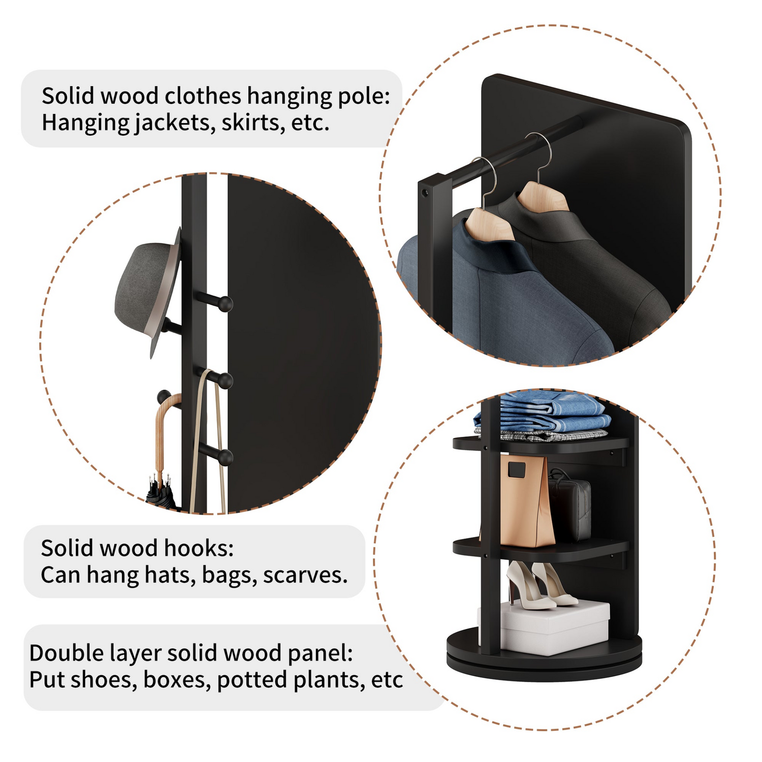 Full-length mirror with 360° rotation and coat rack, made of natural rubber wood, ideal for bedrooms and entryways.