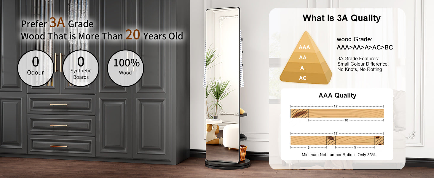 Start2Finish full-length mirror with coat rack, rubber wood frame, 360° rotation, suitable for bedroom, entryway, and dressing areas.