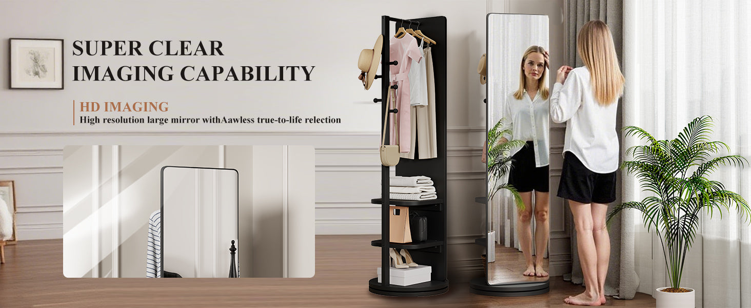 Full-length rubber wood mirror with coat rack and storage, featuring 360° rotation for bedroom, entryway, or dressing areas.