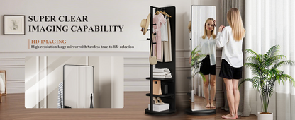 Full-length rubber wood mirror with coat rack and storage, featuring 360° rotation for bedroom, entryway, or dressing areas.