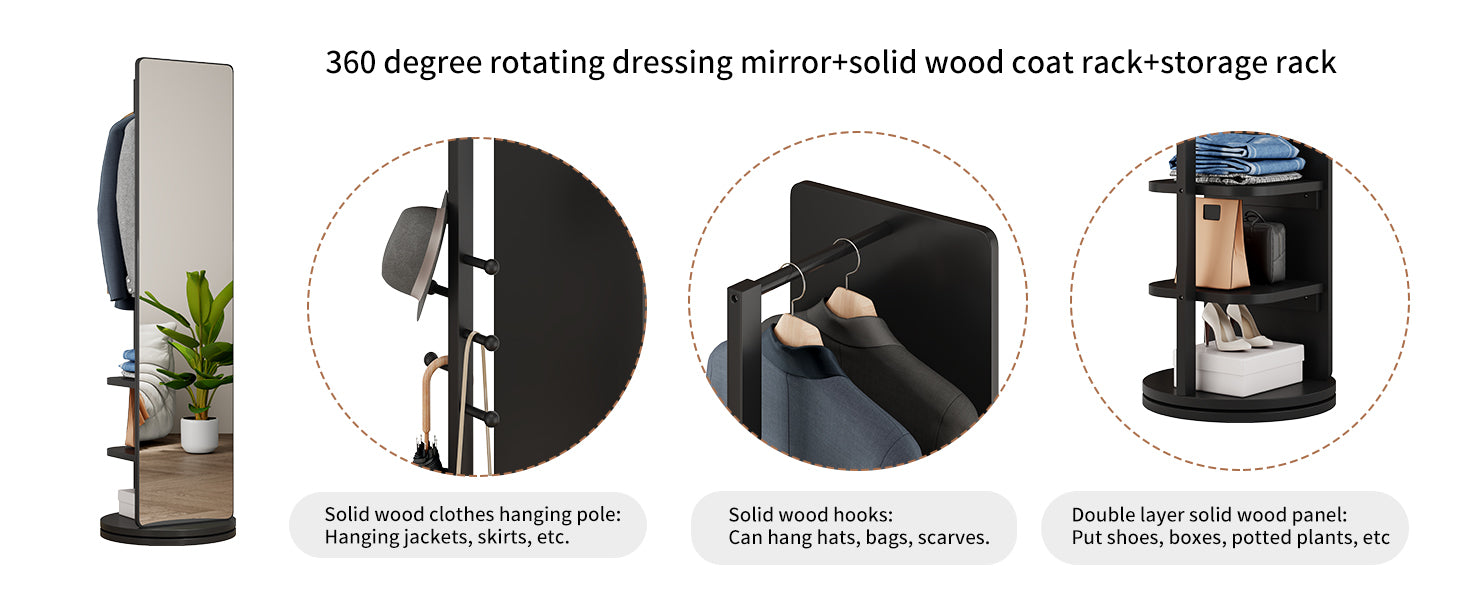 Start2Finish rotating full-length mirror with coat rack, rubber wood frame, natural finish, 360° rotation for bedroom or entryway use.