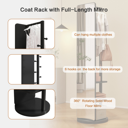 Full-length rubber wood mirror with coat rack and storage, 360° rotating design for bedroom or entryway by Start2Finish