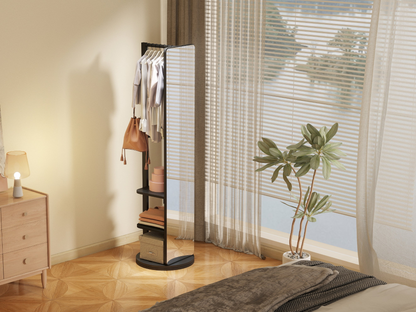 Start2Finish rotating full-length mirror with coat rack, natural rubber wood, 360° rotation, ideal for bedroom or entryway storage.