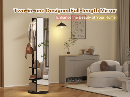 Full-length rotating mirror with coat rack, rubber wood frame, natural finish, and 360° rotation for bedroom or entryway use.