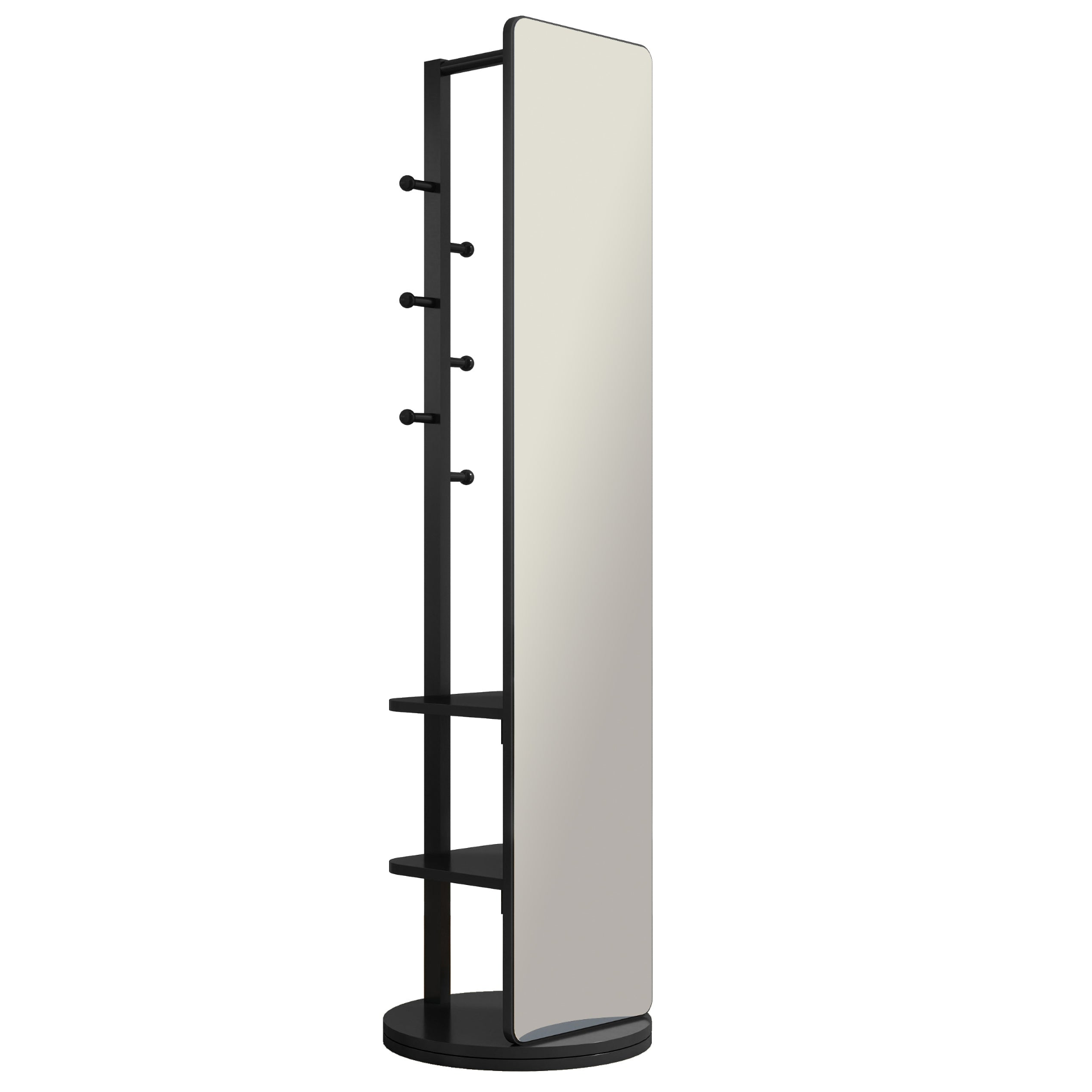 Start2Finish rotating full-length mirror with coat rack, rubber wood frame, and storage, ideal for bedrooms and entryways.