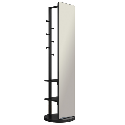 Start2Finish rotating full-length mirror with coat rack, rubber wood frame, and storage, ideal for bedrooms and entryways.