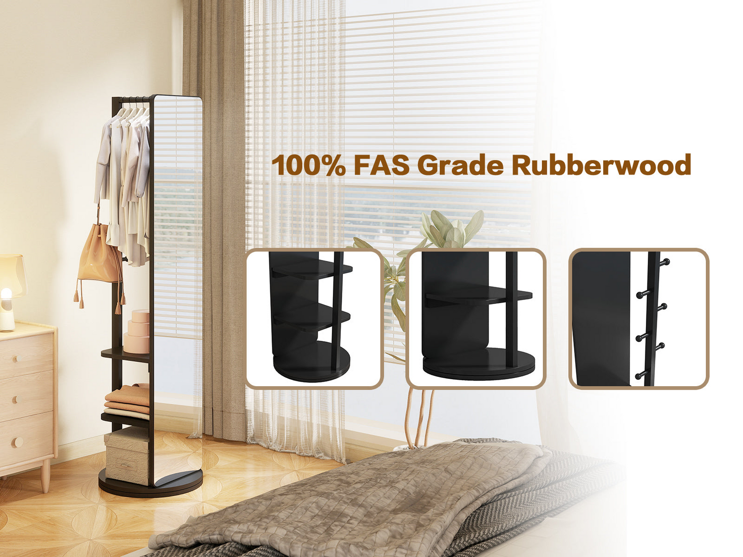 Start2Finish rotating full-length mirror with coat rack, natural rubber wood, 360° rotation, ideal for bedroom, entryway, dressing area