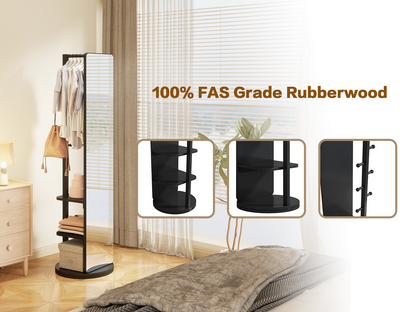 Start2Finish rotating full-length mirror with coat rack, natural rubber wood, 360° rotation, ideal for bedroom, entryway, dressing area