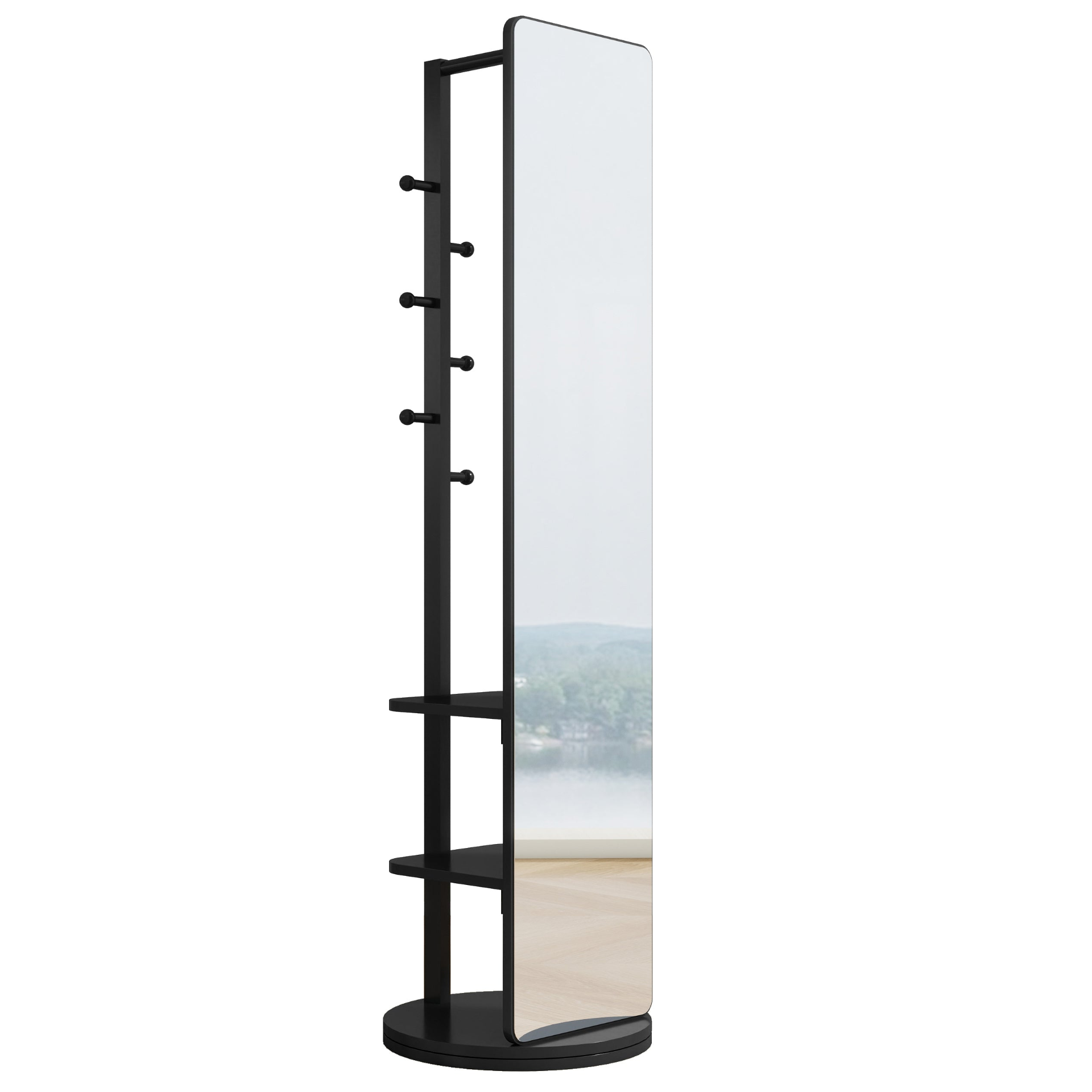 Start2Finish rotating full-length mirror with coat rack, rubber wood frame, natural finish, and 360° rotation for bedroom or entryway.