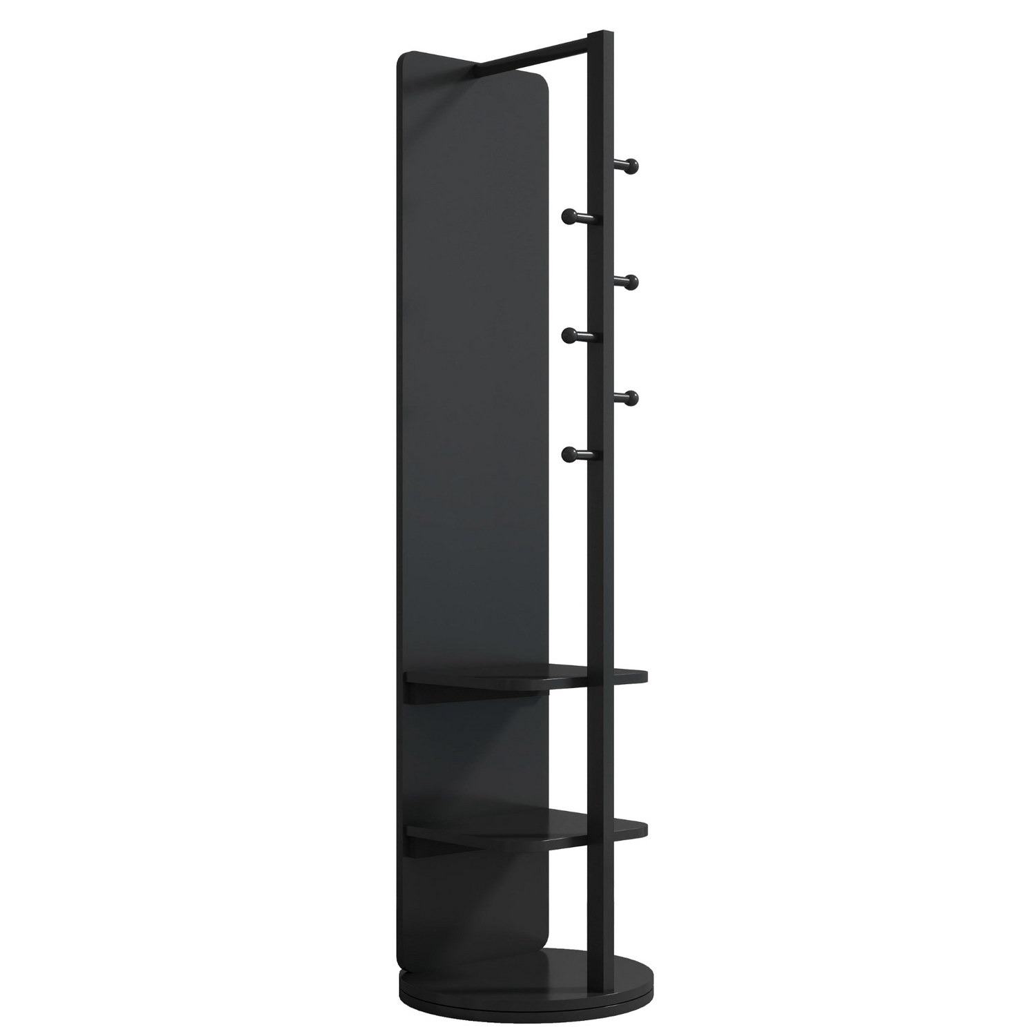 Start2Finish rotating full-length mirror with coat rack, natural rubber wood storage, 360° rotation for bedroom or entryway.