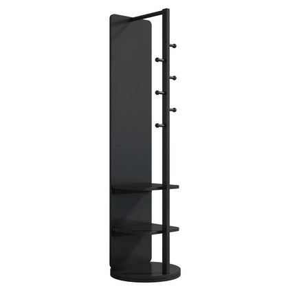 Start2Finish rotating full-length mirror with coat rack, natural rubber wood storage, 360° rotation for bedroom or entryway.