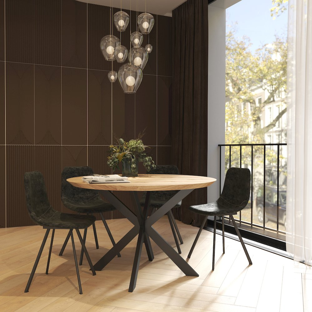 Pair of Markley modern leather dining chairs with metal legs from Start2Finish, featuring sleek black upholstery and contemporary design.