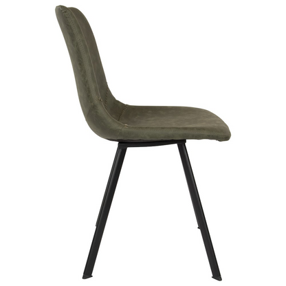 Set of four Markley modern leather dining chairs with metal legs, showcasing sleek design and comfortable seating.