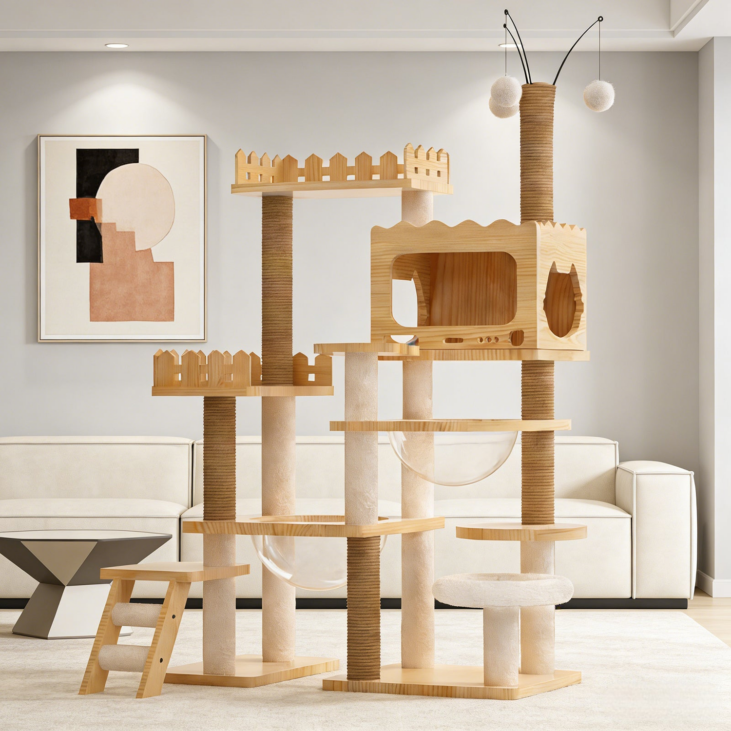 Modern 66.9-inch wood cat tree tower with multi-level platforms, sisal scratching posts, acrylic hammock, and top perch for indoor cats.
