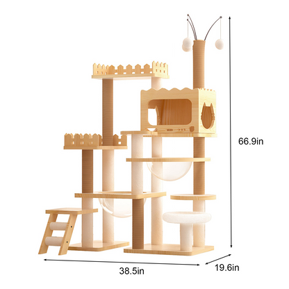 Start2Finish 66.9-inch modern wood cat tree tower with sisal posts, acrylic hammock, and top perch for indoor cats.