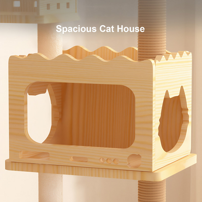 Modern 66.9-inch Start2Finish wood cat tree with multi-level condos, sisal scratching posts, acrylic hammock, and top perch.