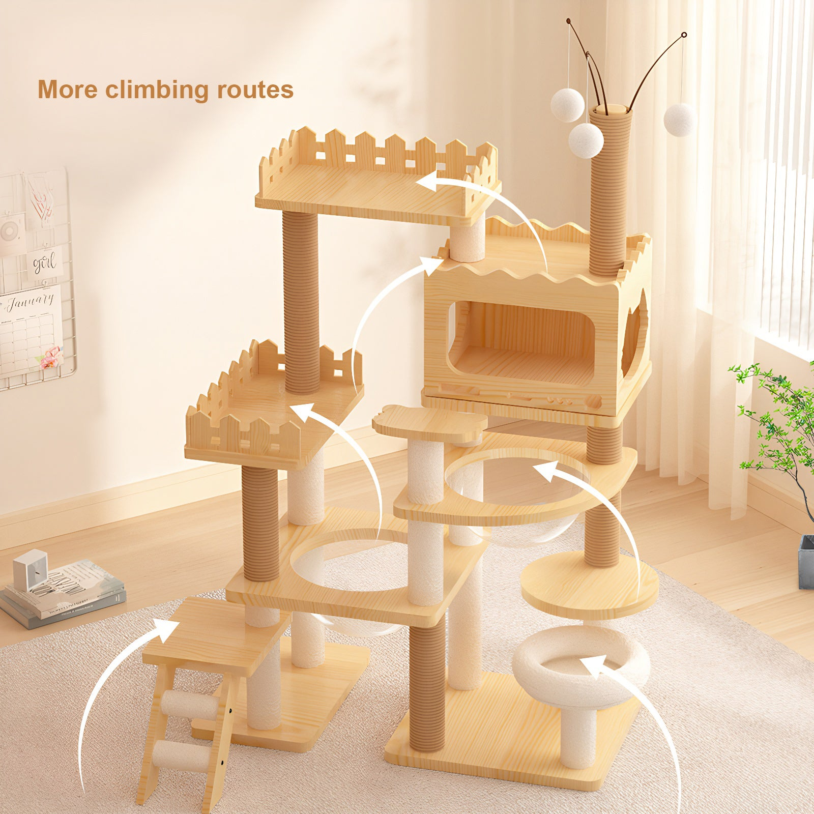 Start2Finish 66.9-inch modern wood cat tree tower with multi-level condo, sisal posts, acrylic hammock, and top perch for indoor cats.