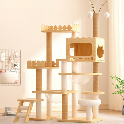 Start2Finish 66.9-inch modern wood cat tree tower with multi-level condo, sisal scratching posts, acrylic hammock, and top perch for indoor cats.