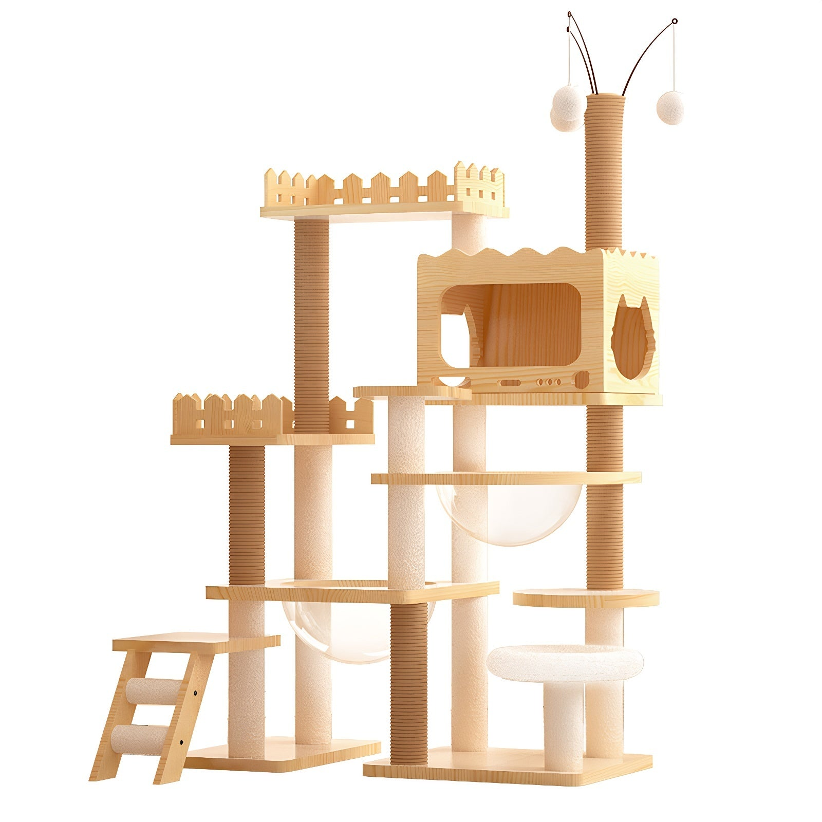 Modern 66.9-inch wood cat tree tower by Start2Finish with multiple levels, sisal posts, acrylic hammock, and top perch for indoor cats.