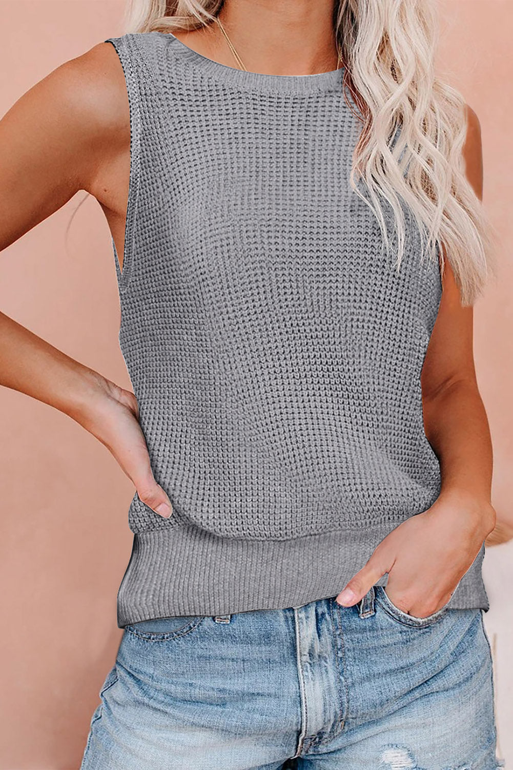 Gray crisscross hollow-out knit tank top for women by Lavender Pallas, featuring a stylish open-knit design.
