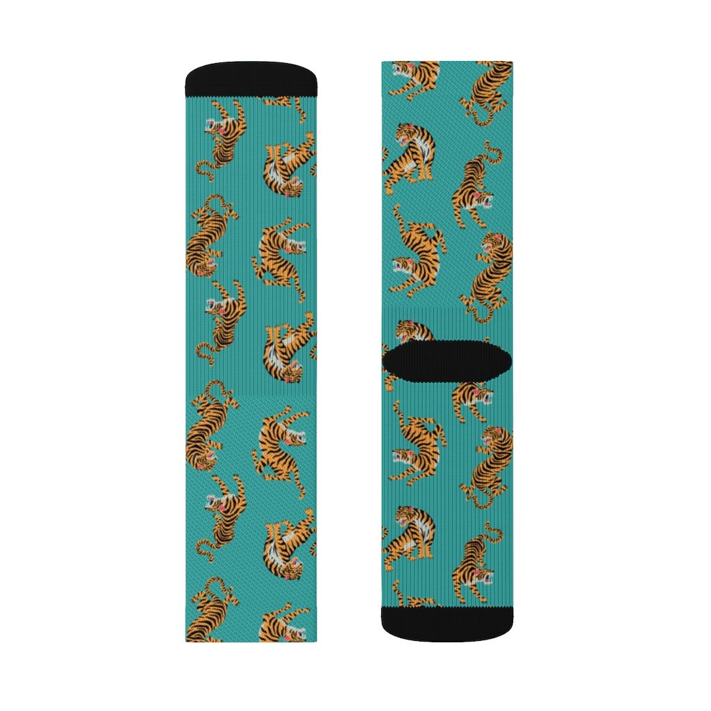 Yellow Pandora Tiger Fun novelty socks with colorful tiger print, soft fabric, and comfortable fit.