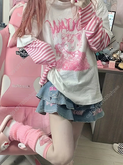 1pc Tops Sanrio Hello Kitty Japanese Sweet Cool T-Shirt Women New Loose False Two Pieces Long Sleeve Kitty Tops Women