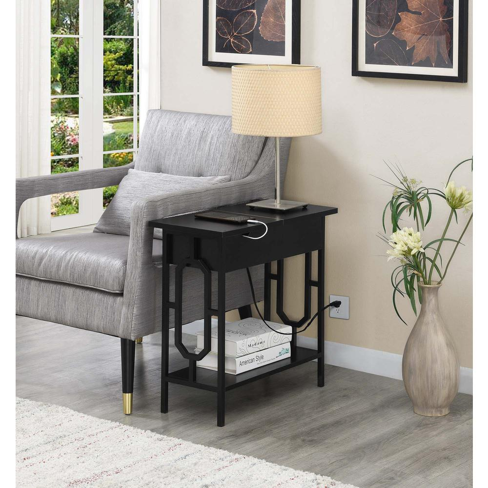 Start2Finish Omega flip top end table with built-in charging station showing a sleek wooden surface and accessible charging ports.