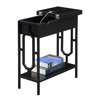 Omega Flip Top End Table with Charging Station by Start2Finish, showing a modern black end table with flip-top lid and built-in charging ports.