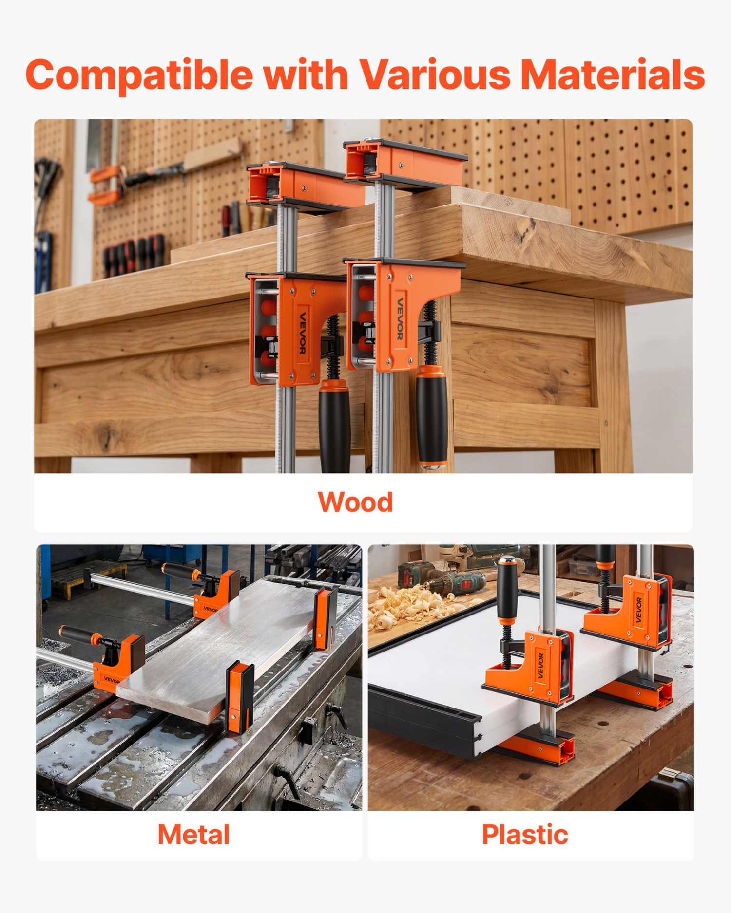 Start2Finish VEVOR woodworking bar clamps, 24" and 31" F clamps with rubber pads and ergonomic handles for wood and metal projects.