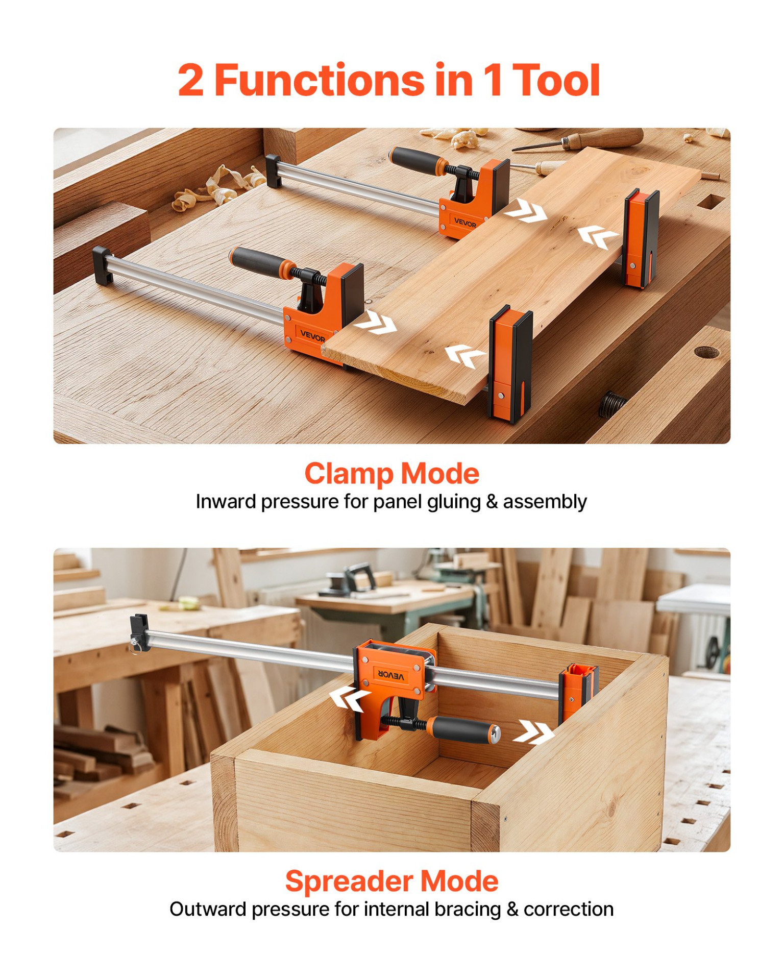 Start2Finish VEVOR wood and metal working bar clamps 24" and 31" F clamps with rubber pads, ergonomic handles, and 1100 lbs load capacity.