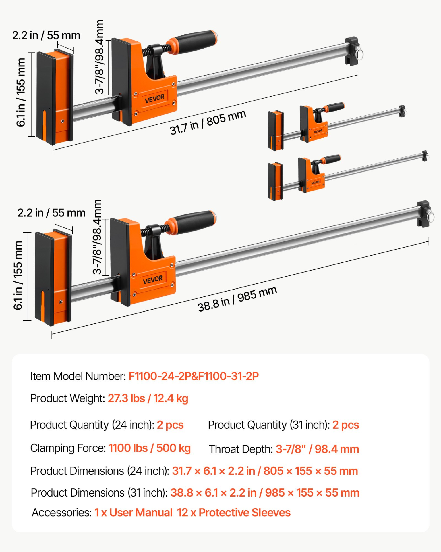 Start2Finish VEVOR wood and metalworking bar clamps, 24" and 31" F clamps with rubber pads and ergonomic handles, 1100 lbs load.