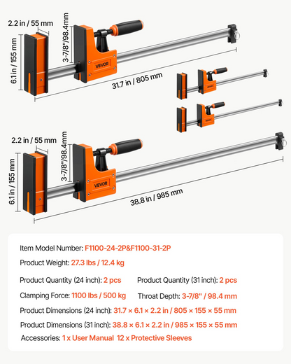Start2Finish VEVOR wood and metalworking bar clamps, 24" and 31" F clamps with rubber pads and ergonomic handles, 1100 lbs load.