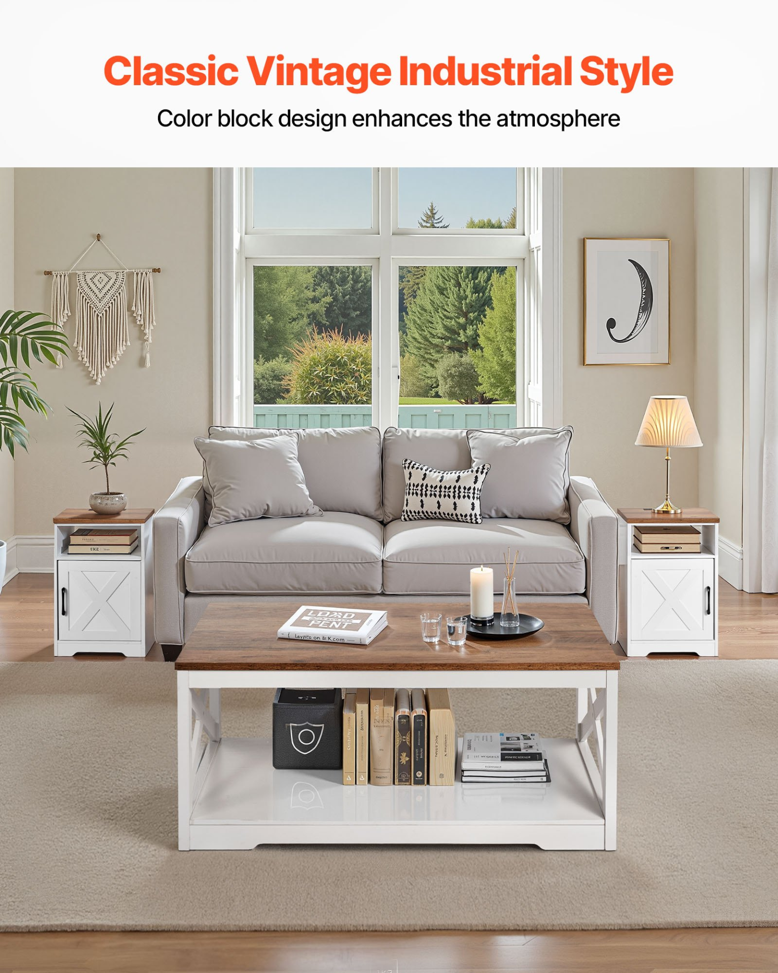 Start2Finish VEVOR farmhouse coffee table set with two end tables, industrial style, charging station, for living room or office.