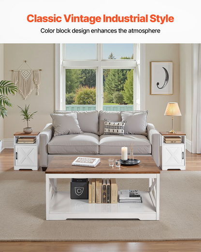 Start2Finish VEVOR farmhouse coffee table set with two end tables, industrial style, charging station, for living room or office.