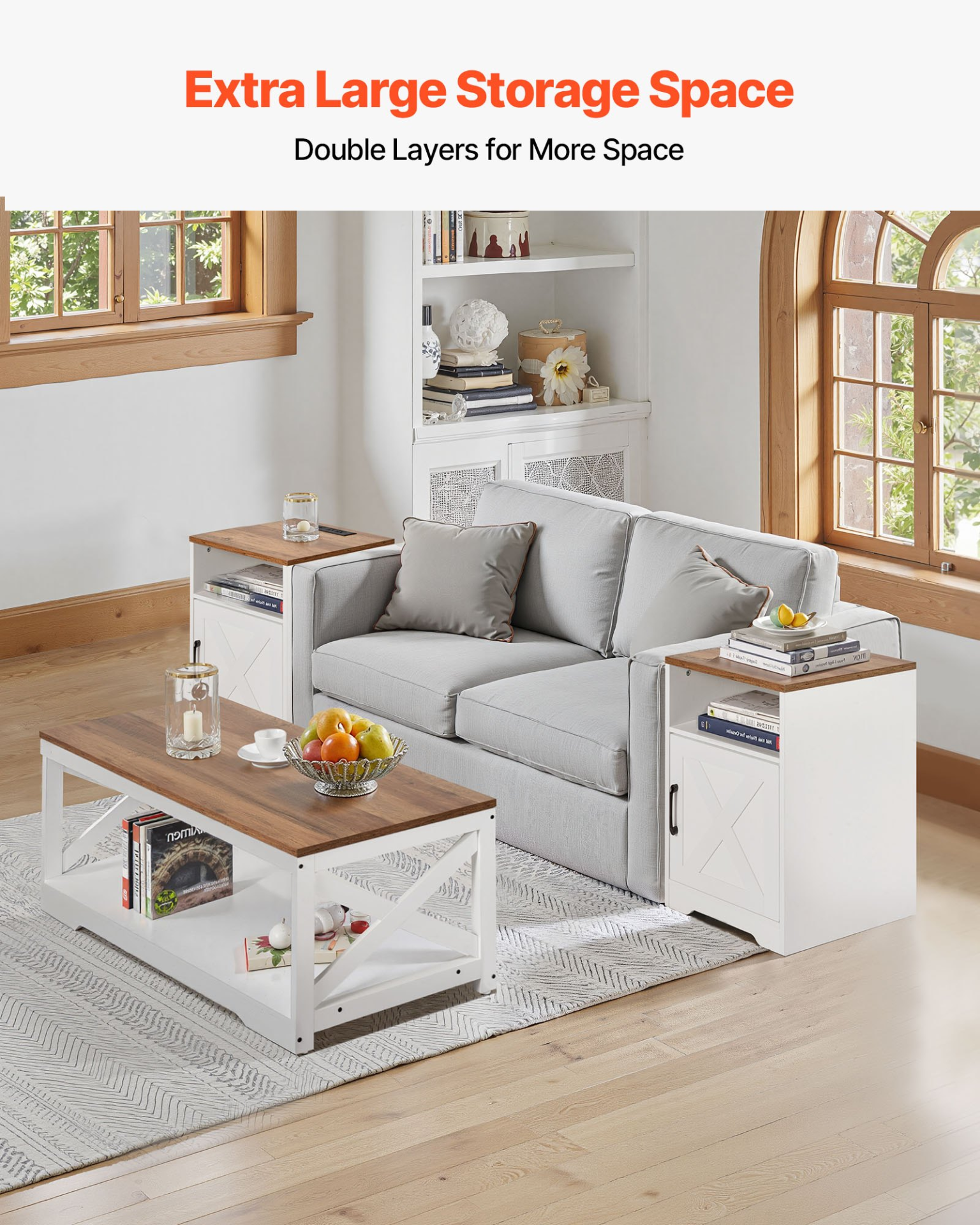 Start2Finish VEVOR farmhouse coffee table set with two side tables, industrial style, charging station, for living room or office.