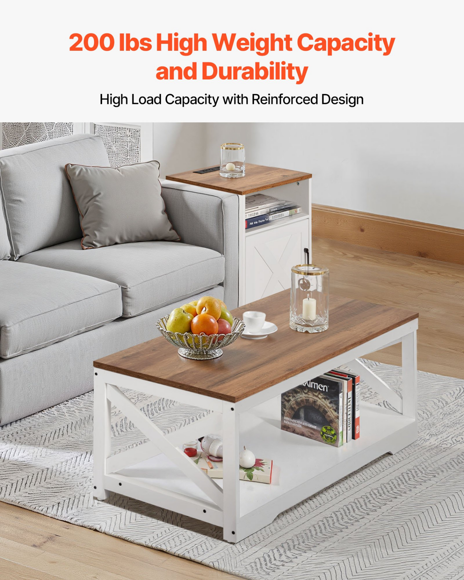 Start2Finish farmhouse coffee table set with two end tables, industrial design, includes charging station, ideal for living rooms or offices.