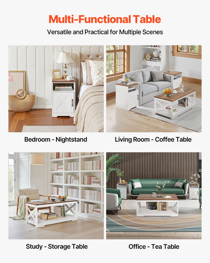 Start2Finish VEVOR farmhouse coffee table set with two end tables, industrial style, charging station, perfect for living rooms or offices.
