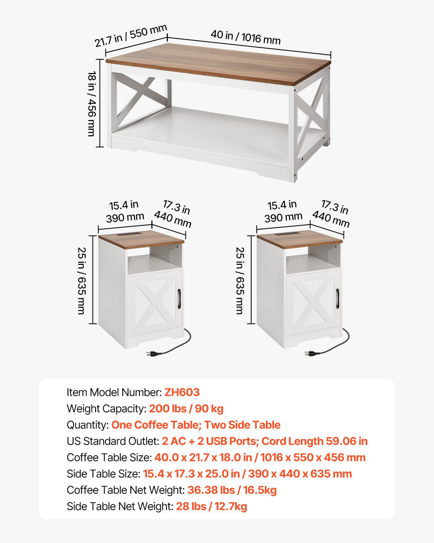 Start2Finish farmhouse coffee table set with two end tables, industrial style, featuring charging stations, for living rooms and offices.