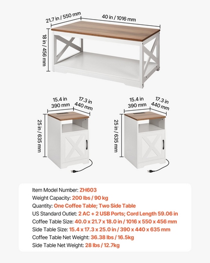 Start2Finish farmhouse coffee table set with two end tables, industrial style, featuring charging stations, for living rooms and offices.