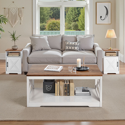 Start2Finish farmhouse coffee table set with two matching end tables, industrial style, includes charging station, suitable for living rooms.